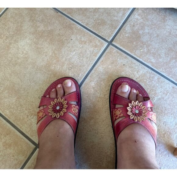 Bohemian Mexican Handmade Leather Sandals With Floral Embellishments Sz 9.5/10 - Picture 7 of 10